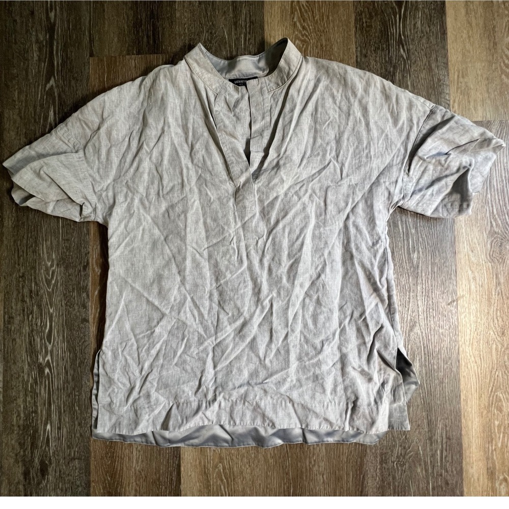 Lafayette 148 New York Tunic Top Womens L Grey 100% Linen Short Sleeve V-Neck